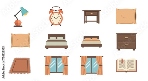 Bedroom icons set showing a lamp clock bed and furniture for a bedroom