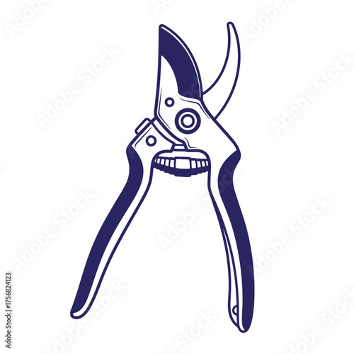 Illustrated navy blue pruning shears gardening tool isolated on white background