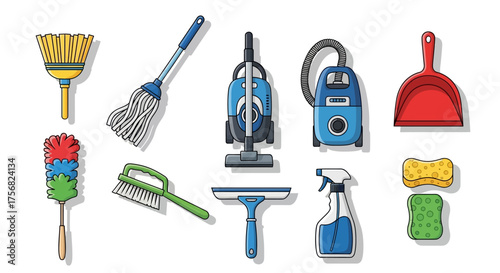 Cleaning supplies depicted include brooms vacuums dustpan spray bottle and sponges