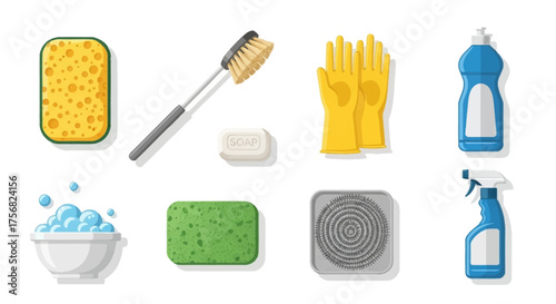 Cleaning supplies arrayed sponges brush soap gloves detergent bowl of bubbles steel wool spray bottle