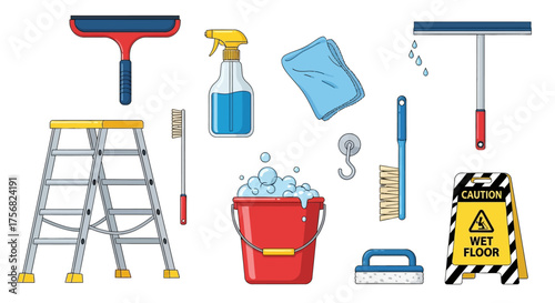 Cleaning supplies including a ladder spray bottle bucket brushes and a wet floor sign