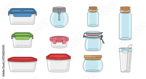 Eleven assorted containers including plastic boxes and glass jars line a white background