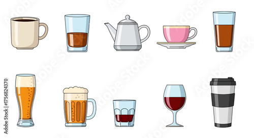 Drinks display coffee mug glass of liquor teapot pink teacup beer pilsner wine glass travel mug
