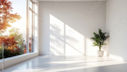 大きな窓から差し込む柔らかな光と影、観葉植物のあるミニマルな白のインテリア空間Generated image