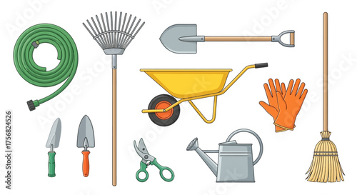 Garden tools including a hose rake shovel wheelbarrow gloves and a broom