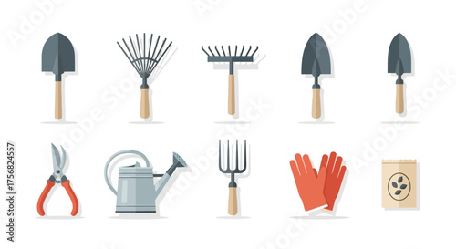 Gardening tools shovels rakes pruners watering can fork gloves and seed packet arranged in two rows