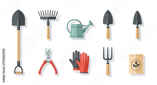 Gardening tools are displayed shovel rake watering can hand trowels pruners gloves fork and seed packet