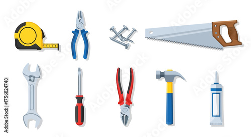 Illustration shows tools tape measure pliers nails saw wrench screwdriver pincers hammer caulk tube