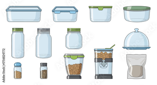 Illustration of various food storage containers like jars bags and Tupperware