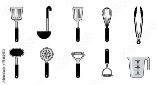 Kitchen utensils are arranged in two rows on a white background