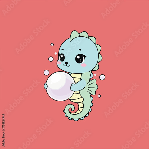 A cute cartoon seahorse with big eyes and pink cheeks is holding a shiny white pearl with bubbles around it against a red coral background.