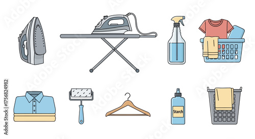 Laundry icons depict iron board spray clothes in basket folded shirt lint roller hanger starch clothes in basket