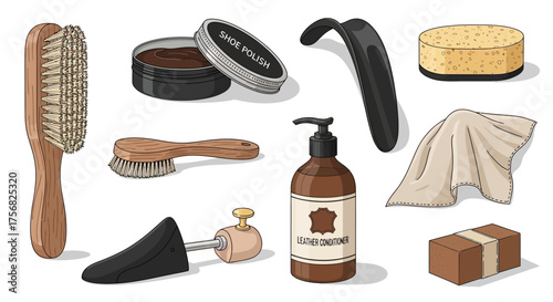 Shoe care items brushes polish shoehorn sponge cloth leather conditioner and stretchers are arranged against a white background