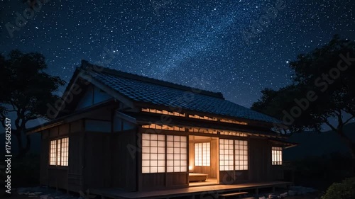 Tranquil japanese house illuminated under a starry night sky