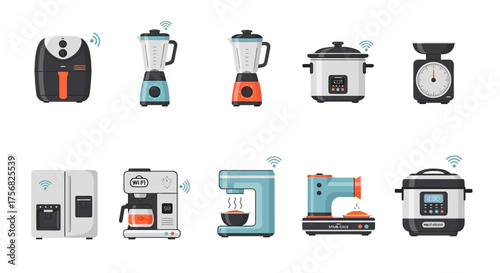 Ten kitchen appliances including air fryer blenders scales fridge coffee makers slow cooker all with a wifi signal symbol