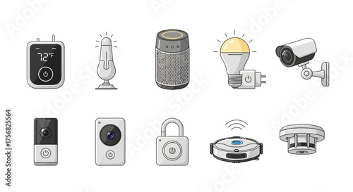Ten smart home devices in a row thermostat lamp speaker lightbulb camera doorbell lock vacuum sensor