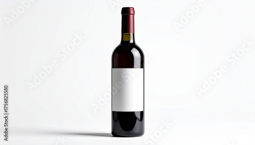 Render a dark green wine bottle with red foil capsule and blank white label, standing upright on a smooth surface with soft shadow, isolated to emphasize elegance, branding potential, and product clar