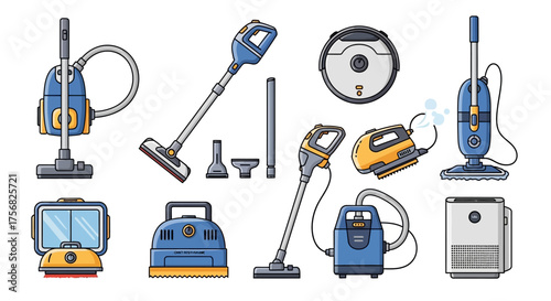 The image showcases various cleaning appliances including vacuum cleaners and a carpet cleaner