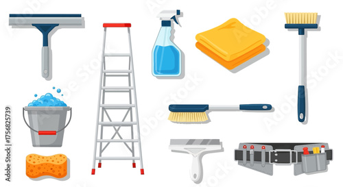 Various cleaning tools and equipment displayed against a white background