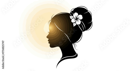 Silhouette of a woman with a bun and flower, highlighted by a radiating glow
