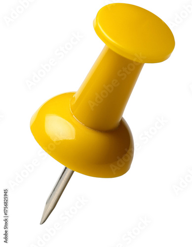 Bright yellow push pin secluded on a white surface

