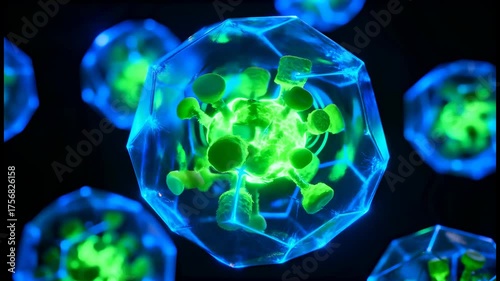 Glowing green viral structures enclosed in transparent blue geometric shells under microscopic magnification