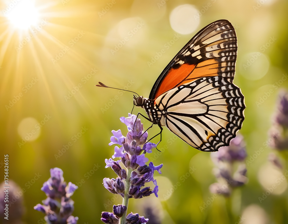 Fototapeta premium Sunny summer nature background with fly butterfly and lavender flowers with sunlight and bokeh. Outdoor nature banner, butterfly on a flower