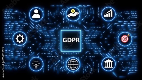 GDPR concept with icons and digital network on black background GDPR General Data Protection Regulation