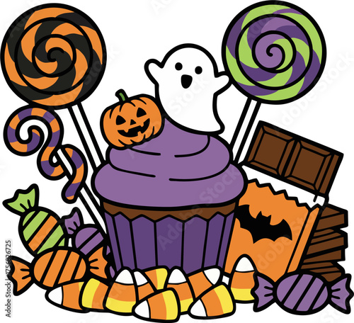 Halloween Cupcake and Candy Vector Illustration, Cartoon Muffin with Ghost, Pumpkin, Lollipops, Candy Corn, Chocolate Bar Isolated on White Background
