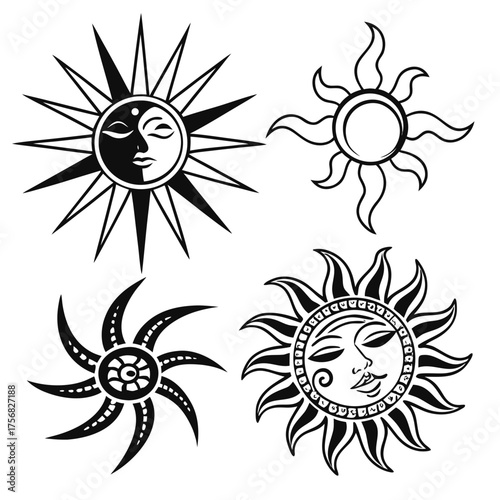 Vector art of collection of sun face icons, celestial bodies with human faces