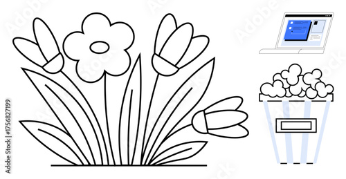 Flower bouquet symbolizes nature laptop showcases productivity with a dashboard interface popcorn bowl implies leisure and enjoyment. Ideal for work-life balance, self-care, entertainment, nature