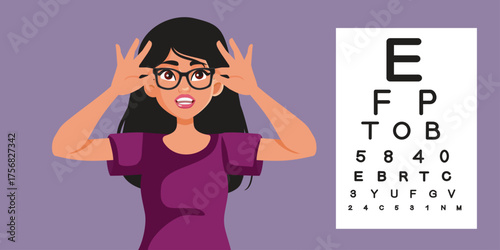Woman Trying on Eyeglasses for Eye Exam Vector Concept Illustration. Ophthalmologist patient reading the letters from a chart 

