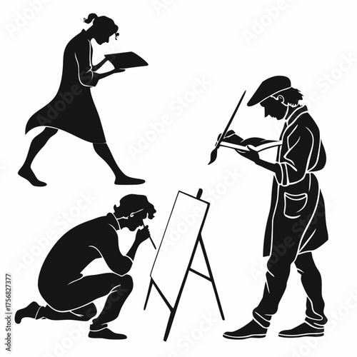 Vector art of silhouette of an artist painting and drawing in various positions