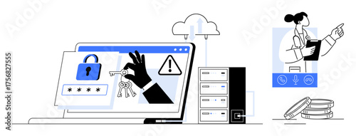 Locked screen, hand holding keys, alert signs, cloud storage, servers, doctor consulting online. Ideal for technology, security, healthcare privacy online protection data ownership simple flat