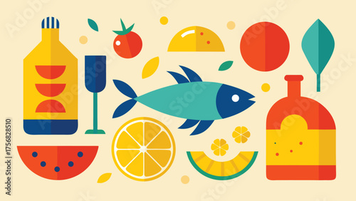 Vector art of flat lay of food and drink on a beige background illustration