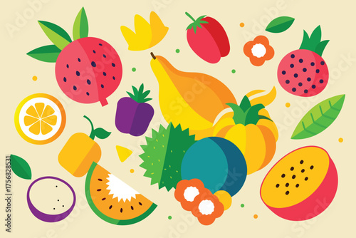 Vector art of flat lay of tropical fruits on a beige background illustration