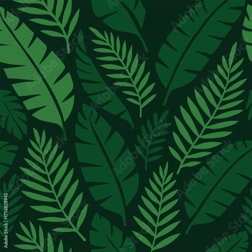 Dark Green Tropical Leaves Seamless Pattern