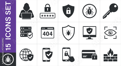 Security icons set isolated on white background. Cybersecurity icons set for digital protection 
and data security concepts. A collection of flat design icons representing cybersecurity elements