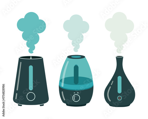 Three modern humidifiers emitting steam in various designs