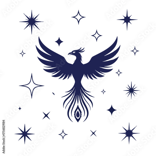 Majestic Dark Blue Phoenix Bird with Spread Wings and Starbursts