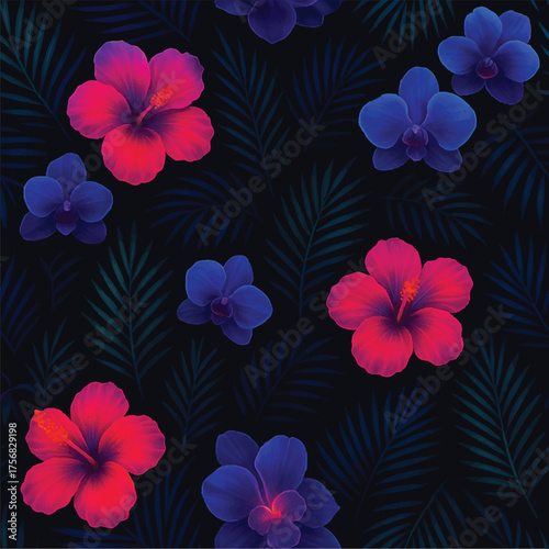 Dark Botanical Exotic Flowers Repeat Background
