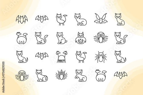 Collection of whimsical hand drawn cartoon animals and creatures in black outline