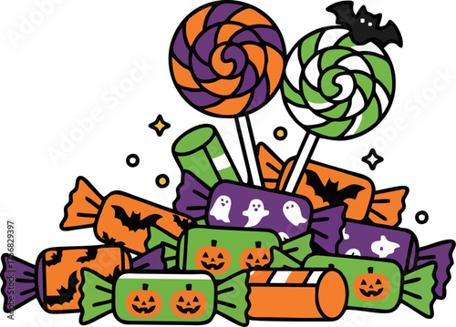 Halloween Candy Vector Illustration, Cartoon Lollipops and Wrapped Candies with Jack-o'-Lantern, Bat, and Ghost Decorations