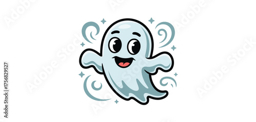 Cute cartoon ghost with big eyes and a happy smile floating