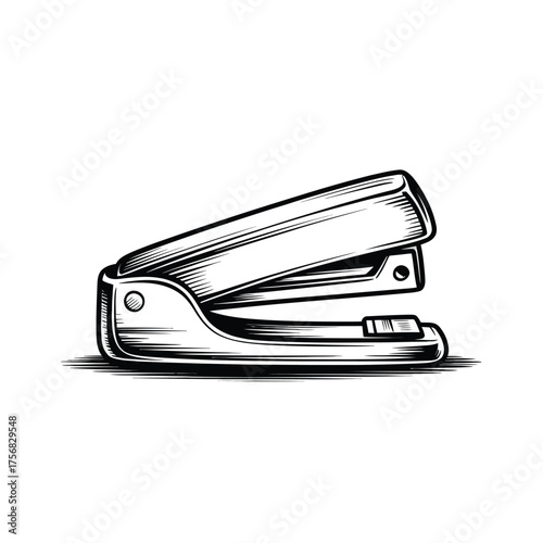 Hand drawn illustration of a classic metal stapler on a white background