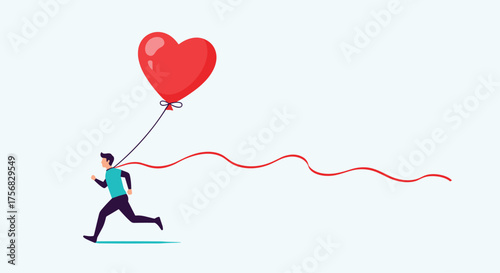 A person running with a red heart balloon tied to them.