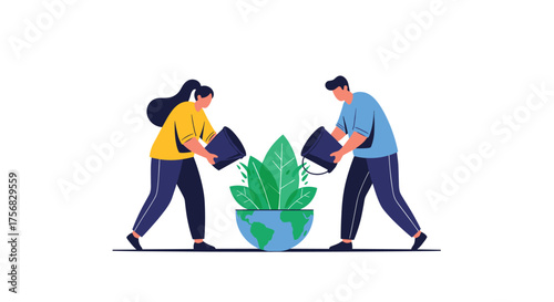 Two people watering a plant growing out of the earth.