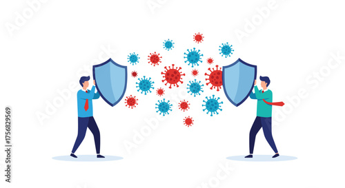 Individuals using shields to protect against virus particles.