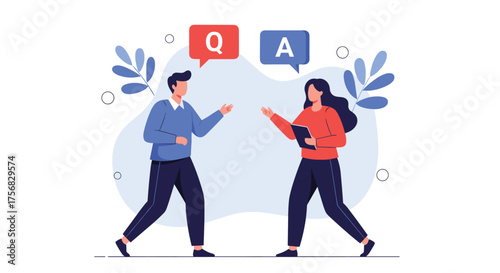 Two people in conversation discussing a question and answer session.