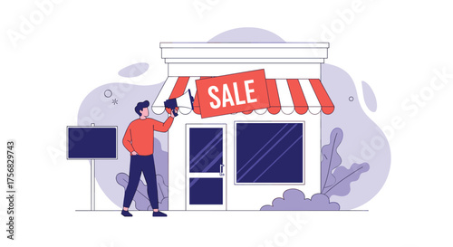 A person wearing a hat in front of a shop with a sale sign.